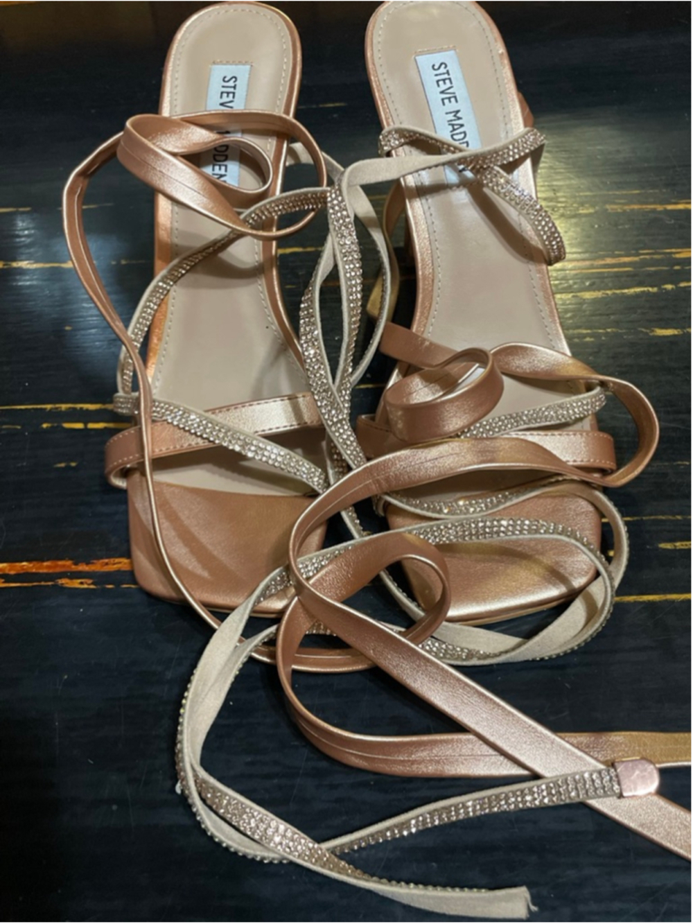 Women's size 9 Steve Madden Rose Gold Rhinestone Ankle Wrap Heels - Picture 2 of 10
